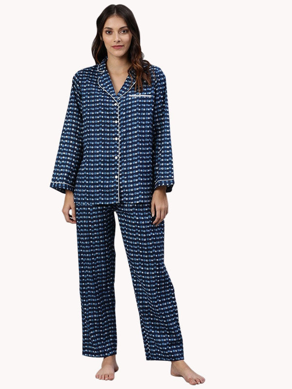 Women's Blue Printed Nightsuit - Divena