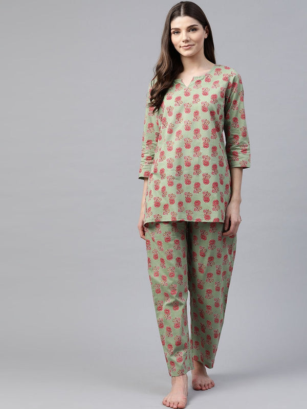 Women's Green Printed Loungewear /Nightwear - Divena