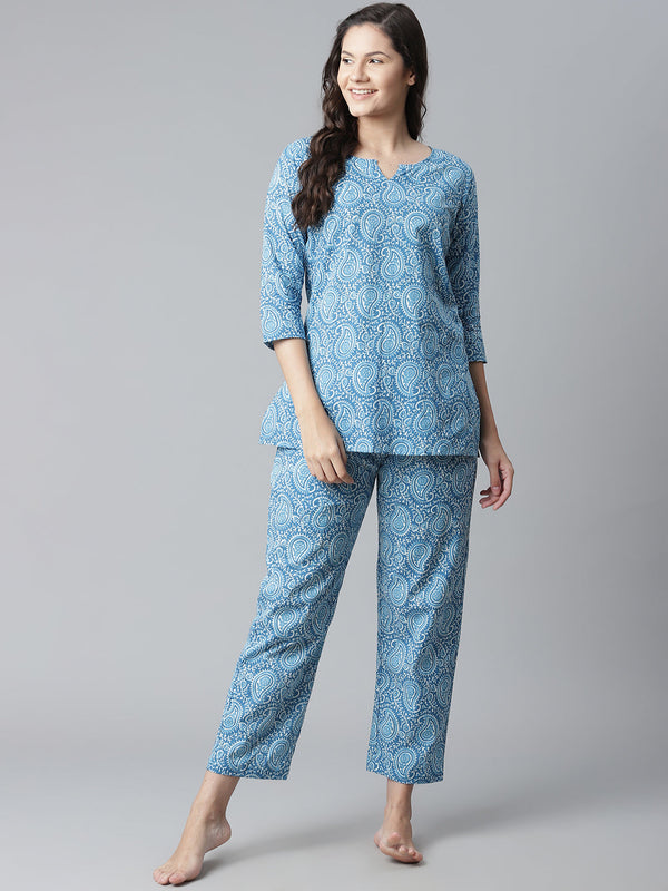 Women's Blue Printed Cotton Nightwear - Wahenoor