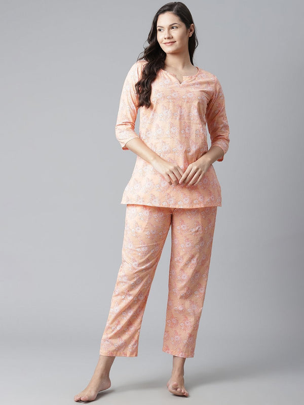 Women's Peach Printed Cotton Nightwear  - Wahenoor