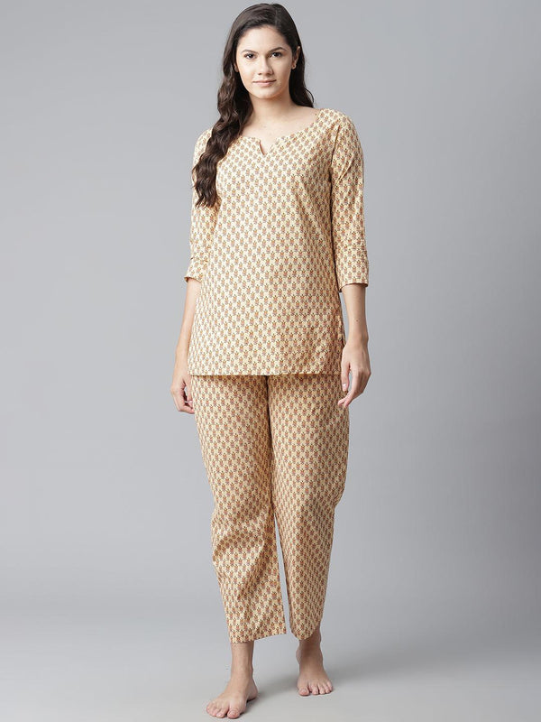 Jashvi  Yellow Buti Print Cotton Nightwear