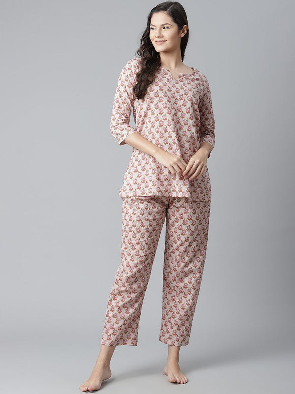 Women's Floral Pink Motif Cotton Nightsuit - Noz2Toz