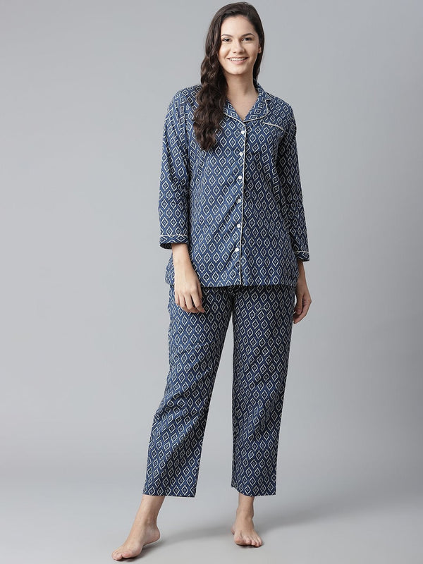 Women's Indigo Printed Cotton Nightsuit - Noz2Toz