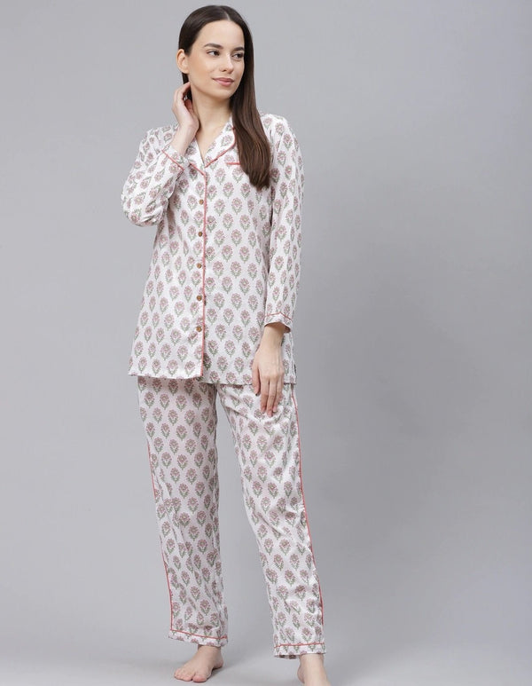 Women's White Printed Cotton Night Suit - Noz2Toz