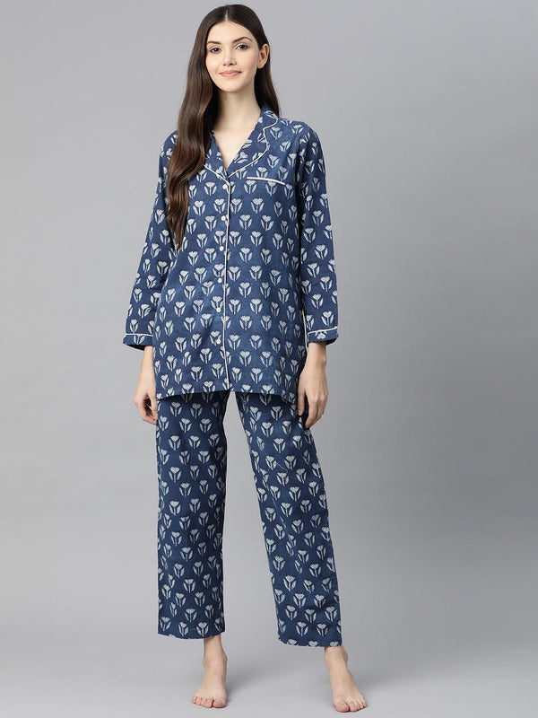 Women's Indigo Hand Block Pure Cotton Night Suit - Taantav