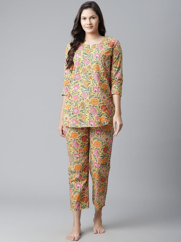 Women's Yellow Printed Cotton Night Wear - Noz2Toz