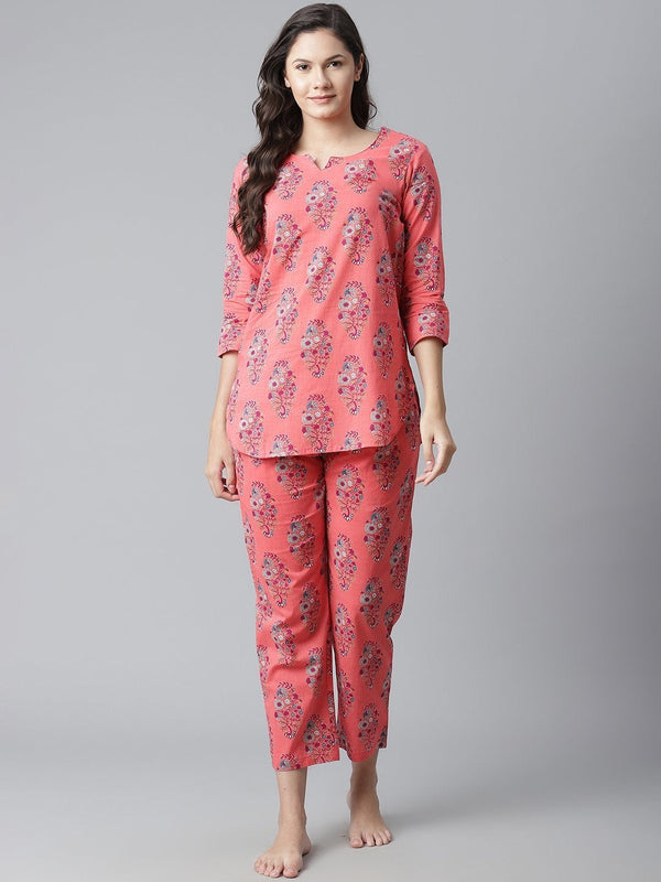 Women's Peach Cotton Printed Nightsuit - Divena