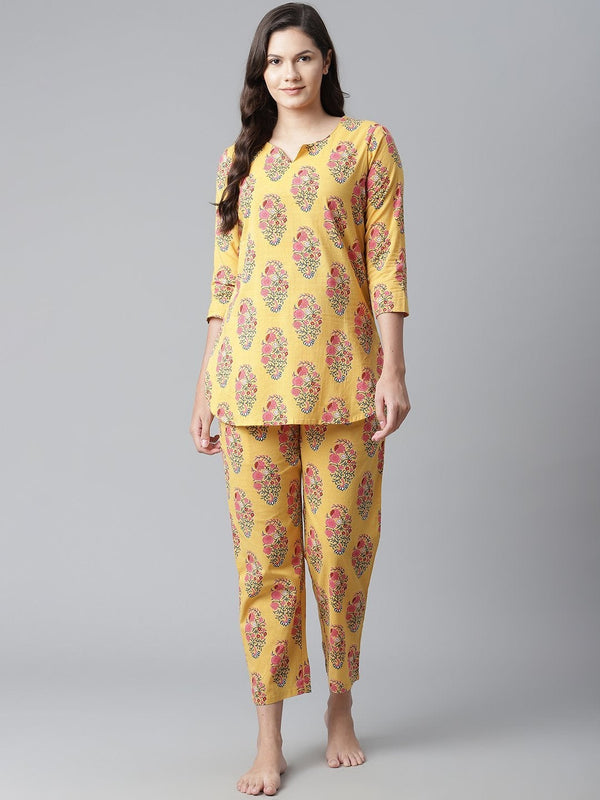 Women's Yellow Flower Cotton Motif Nightwear - Noz2Toz