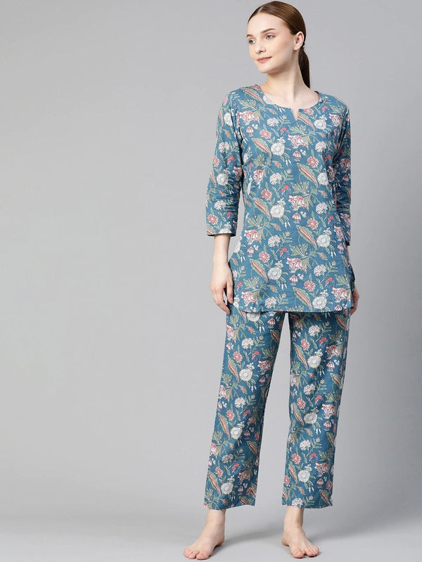 Women's Blue Printed Cotton Nightwear  - Wahenoor