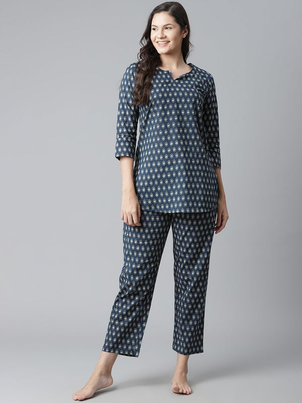 Women's Dark Blue Buti Print Cotton Nightwear  - Wahenoor