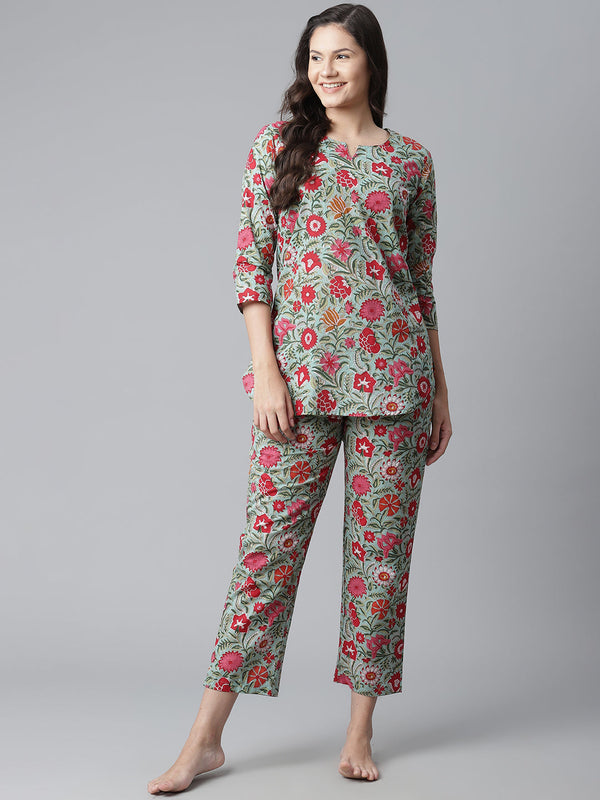 Women's Green Floral Print Cotton Nightwear - Wahenoor