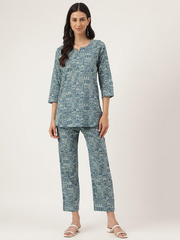 Women's Teal Blue Printed Loungewear/Nightwear - Taantav