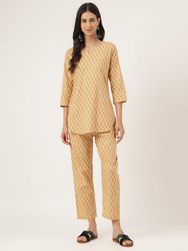 Women's mustard Printed Loungewear/Nightwear - Taantav