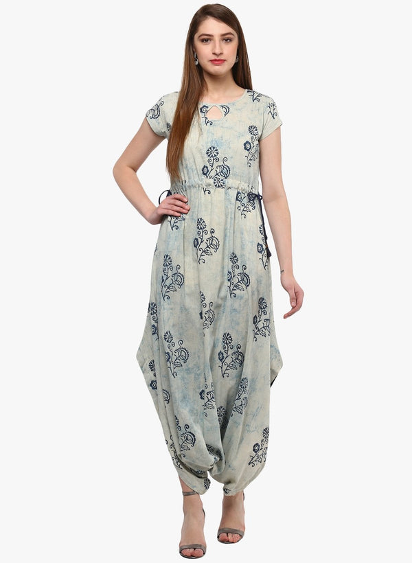 Women's Indigo Hand Block Dhoti Style Cotton Jumpsuit - Divena