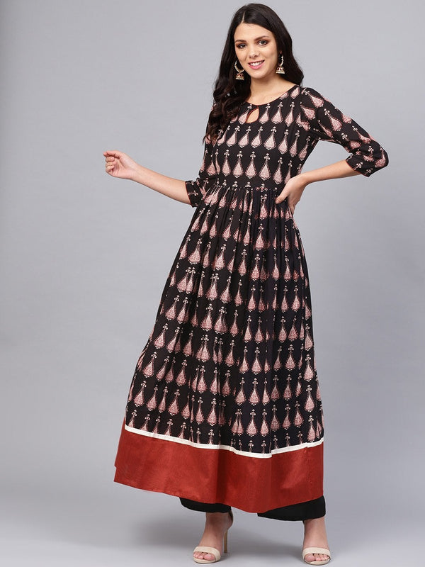 Women's Black Printed Cotton Floor Lenth Anarkali - Divena