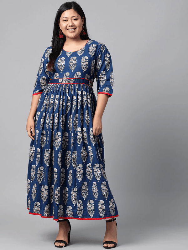 Plus Size Royal Blue Printed Floor Length Anarkali