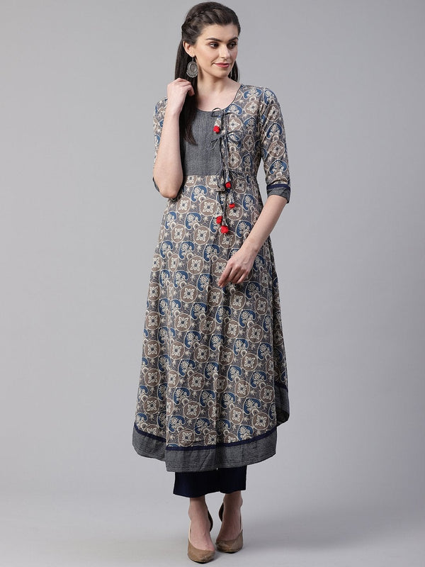 Women's Blue And Grey Cotton Anarkali - Divena