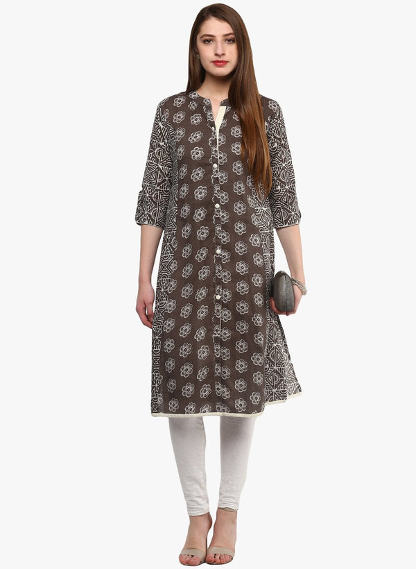 Women's Grey Cotton A-Line Kurti - Divena