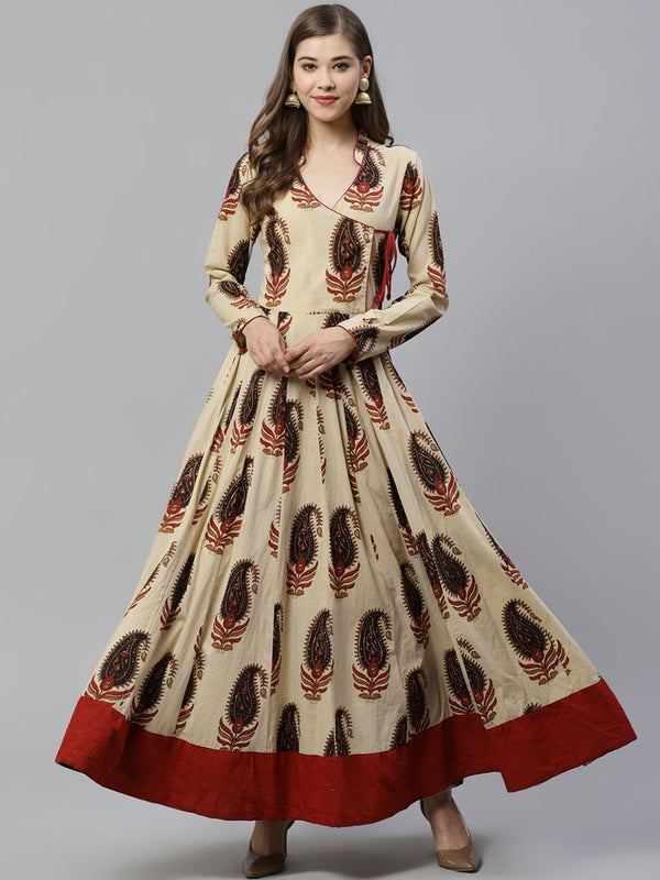 Women's Cream Floor Length Cotton Anarkali Kurti  - Wahenoor