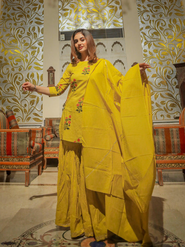 Jashvi lemon yellow cotton sharara kurta set with dupatta