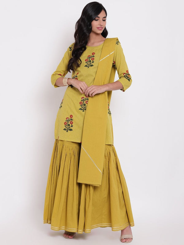 Women's lemon yellow cotton sharara kurta set with dupatta - Divena