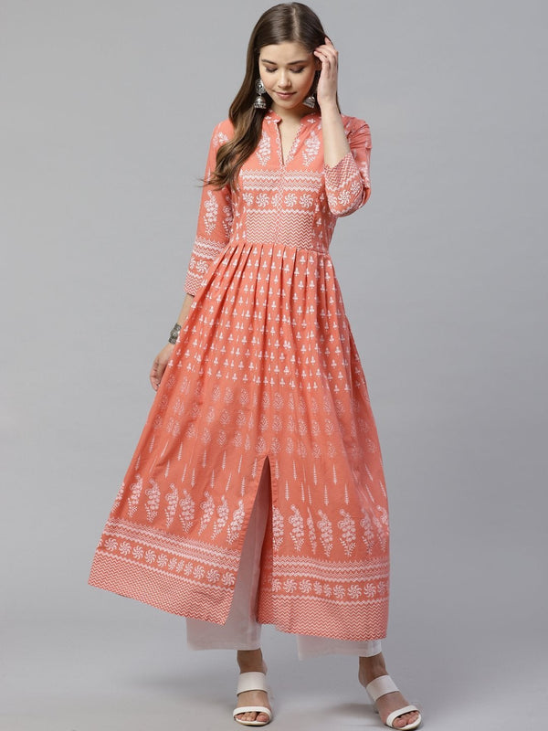 Women's Pink A Line Printed Cotton Kurta - Divena