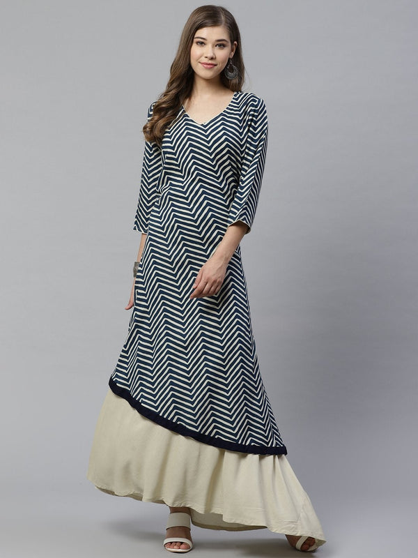 Women's Double Layered Blue And Cream Rayon Kurta  - Wahenoor