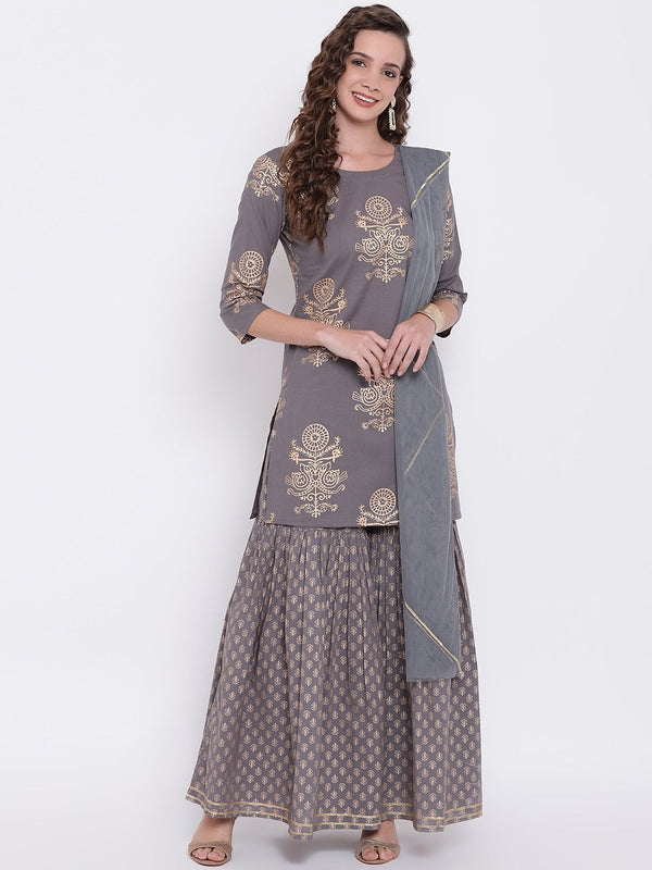 Women's Grey Foil Print Cotton Sharara Set With Net Dupatta - Noz2Toz