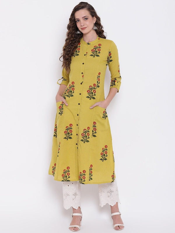 Women's Lemon Yellow Straight Cotton Kurta - Divena