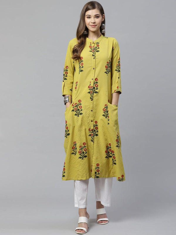 Jashvi Lemon Yellow Straight Cotton Kurta