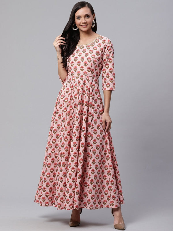 Women's Pink Cotton Gotta Patti Work Anarkali Kurta - Divena