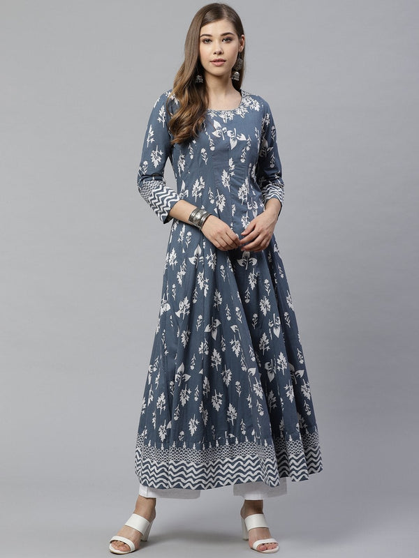 Women's Grey Cotton Gotta Patti Work Anarkali Kurta - Divena