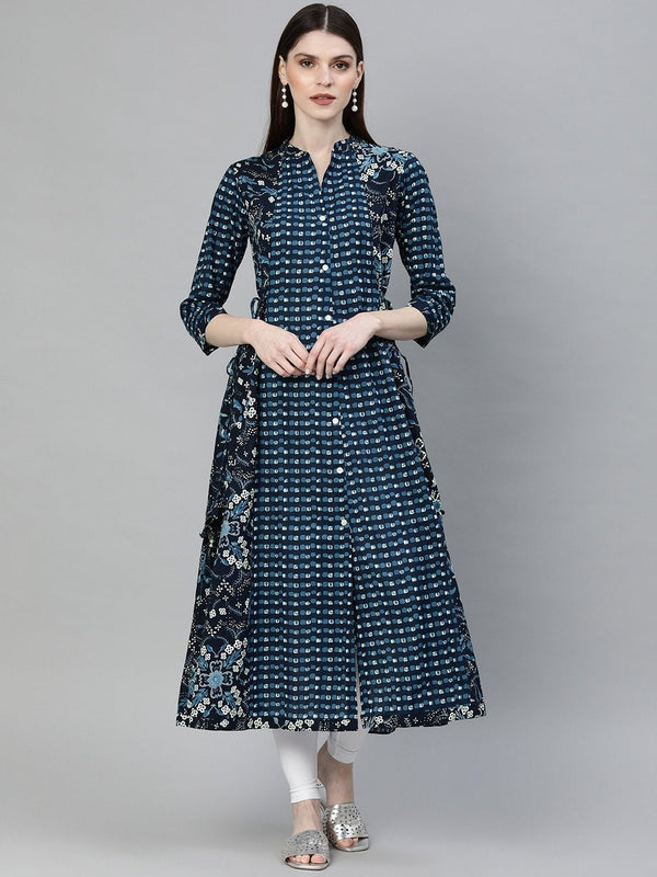 Women's Navy Blue Printed A- Line Kurta - Divena