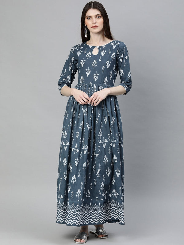 Women's Grey Floor Length Cotton Kurta - Divena