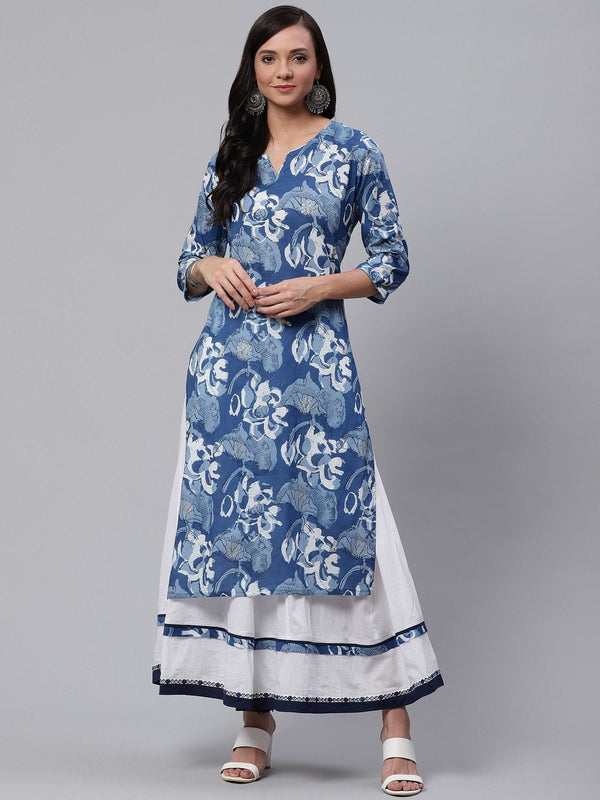 Women's Blue Cotton Kurta With Mulmul Sharara  - Wahenoor