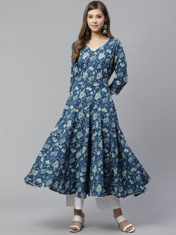 Women's Indigo Flaired Kurta With Belt - Divena