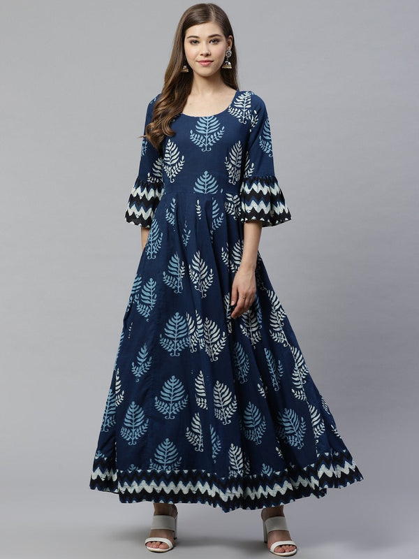 Women's Blue Long Cotton Anarkali by Divena