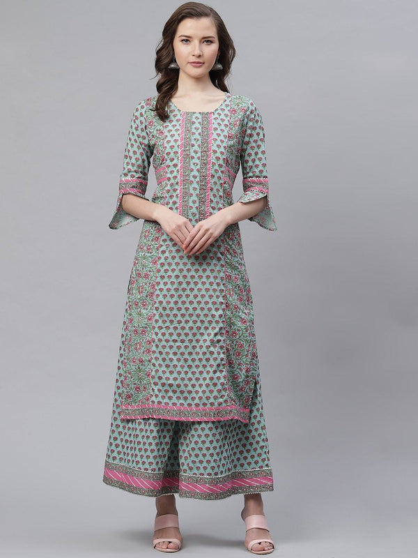 Women's Blue Printed Straight Kurti With Palazzo - Divena