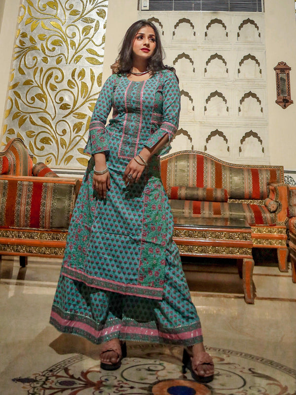 Jashvi Blue Printed Straight Kurti With Palazzo