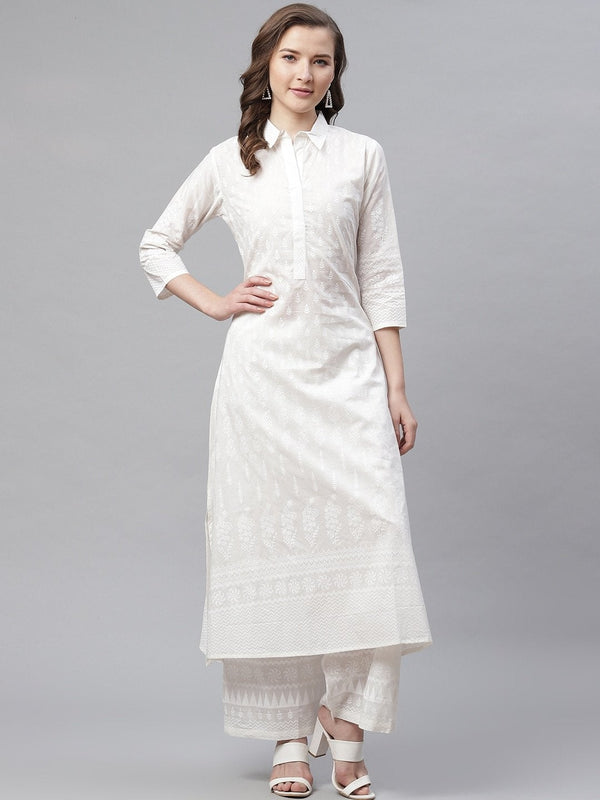 Women's The Dressify White Printed Cotton Kurti With Palazzo - Divena