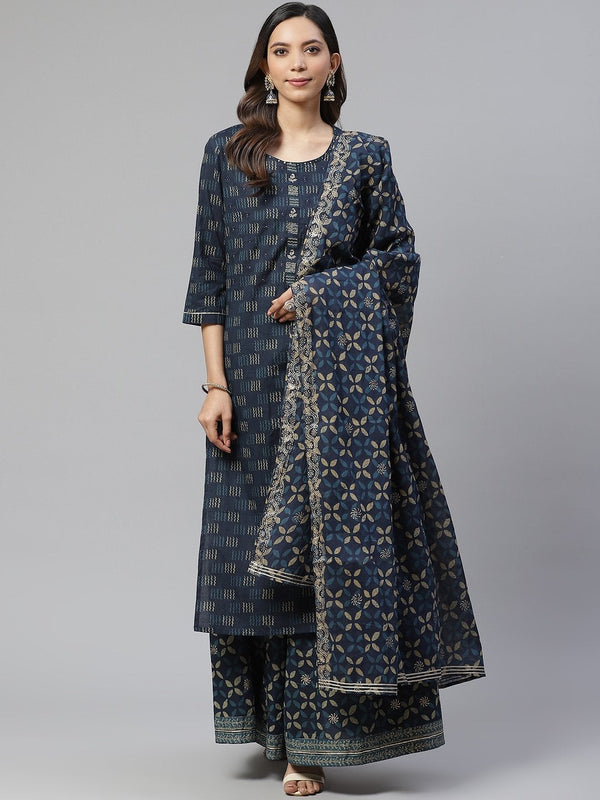 Women's Indigo Kurta Set With Palazzo And Dupatta  - Wahenoor