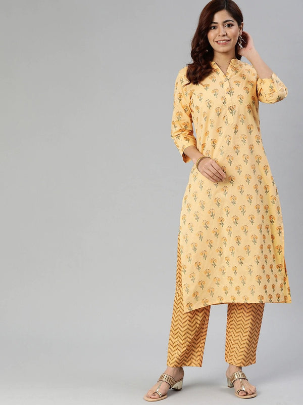 Women's The Dressify Yellow Flower Print Cotton Kurta Set - Divena