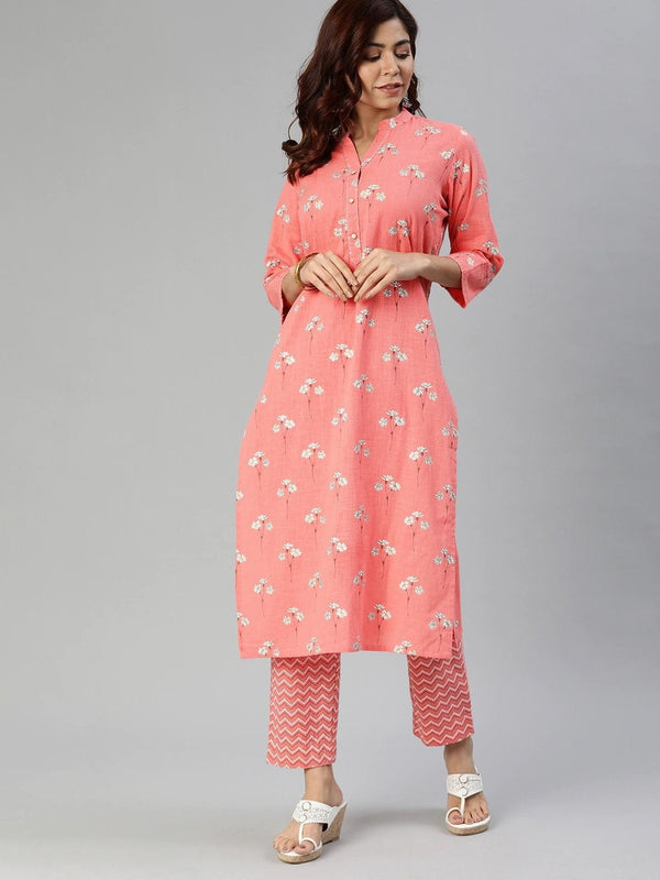 Women's Pink Flower Print Cotton Kurta Set - Divena