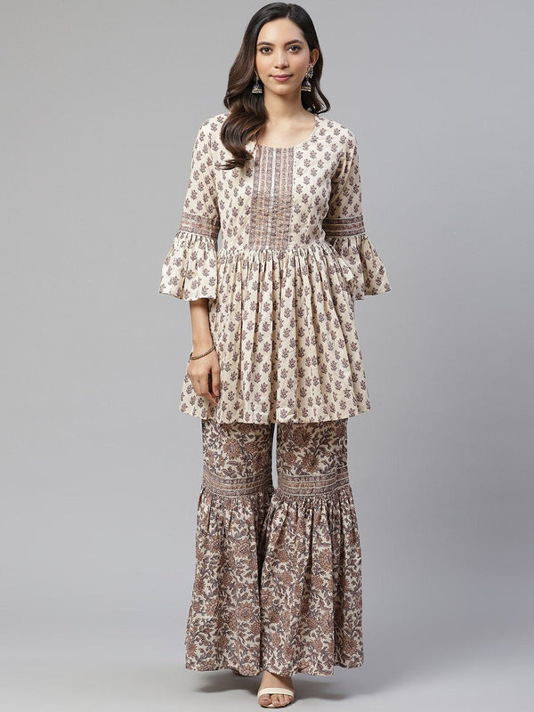 Women's Cream Printed Sharara Set - Divena