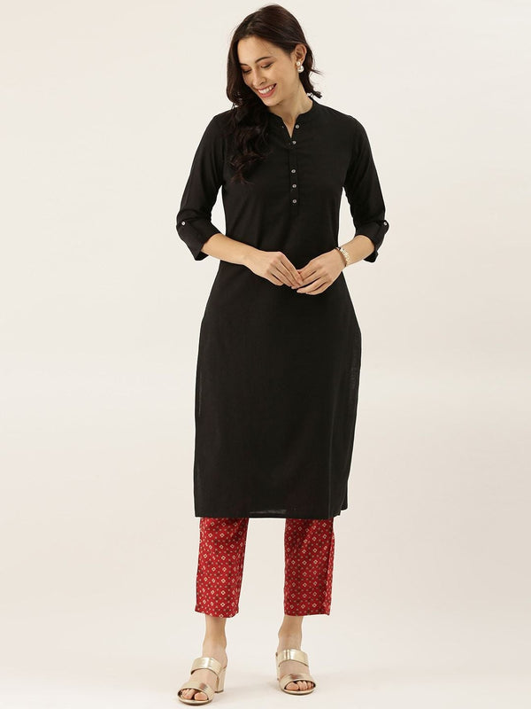 Women's Black Solid Straight Roll Up Kurti - Noz2Toz