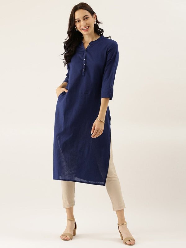 Women's Blue Solid Straight Roll up Sleeve Kurti - Divena