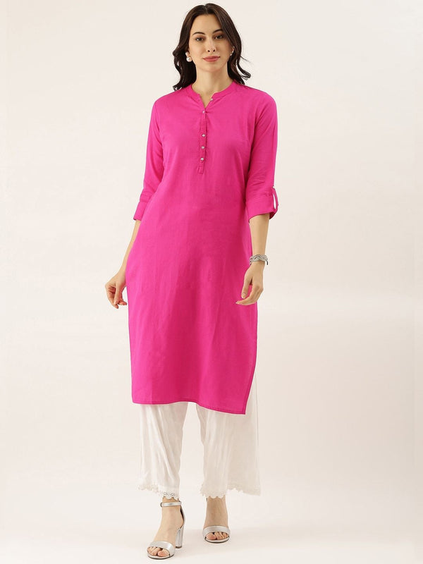 Women's Pink Solid Straight Roll up Sleeve Kurti - Divena