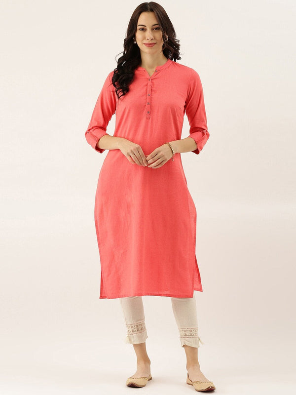 Women's Peach Solid Straight Roll up Sleeve Kurti - Divena