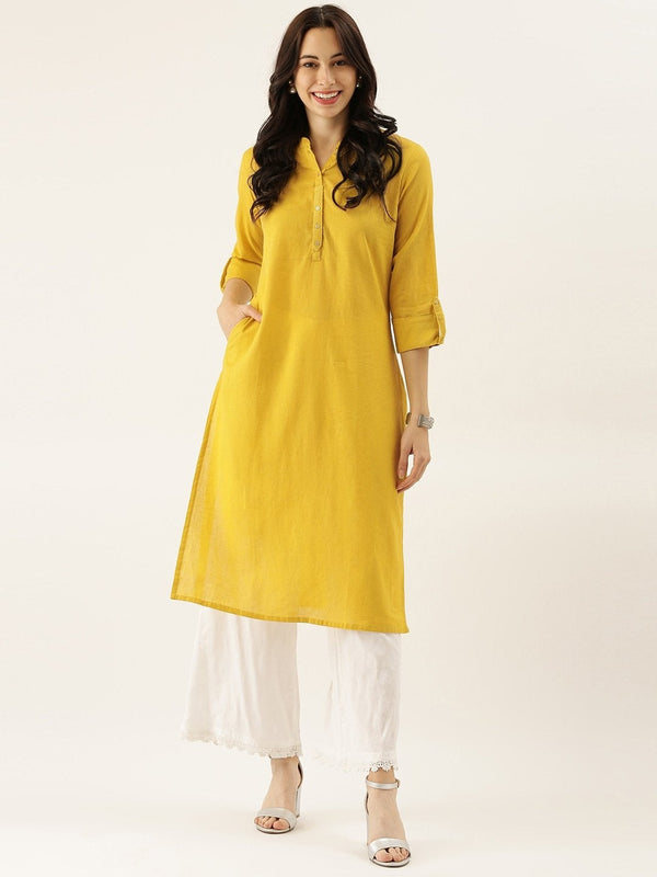 Women's Yellow Solid Straight Roll Up Sleeve Kurti - Noz2Toz