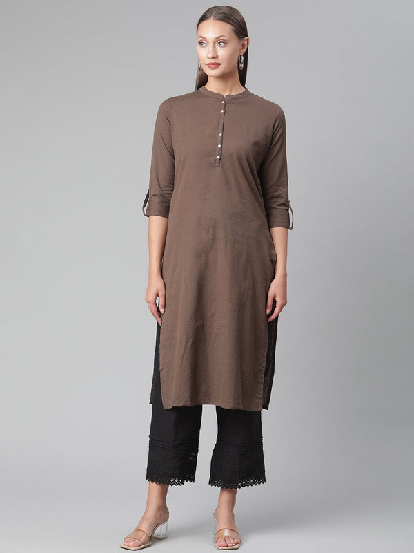 Women's Brown Cotton Straight Kurti - Noz2Toz